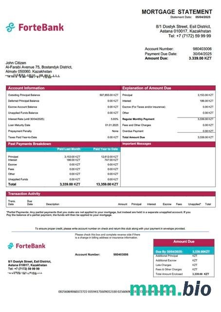 Kazachstan Bank Forte wyciąg z kredytu hipotecznego szablon Word i PDF